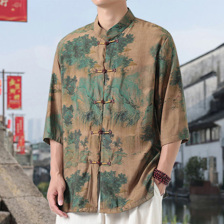 Camicia da uomo in cotone e lino con bottoni, a mezza manica, motivo : Buddha Stones, drago, nuvole di buon auspicio, montagne verdi, rana cinese
