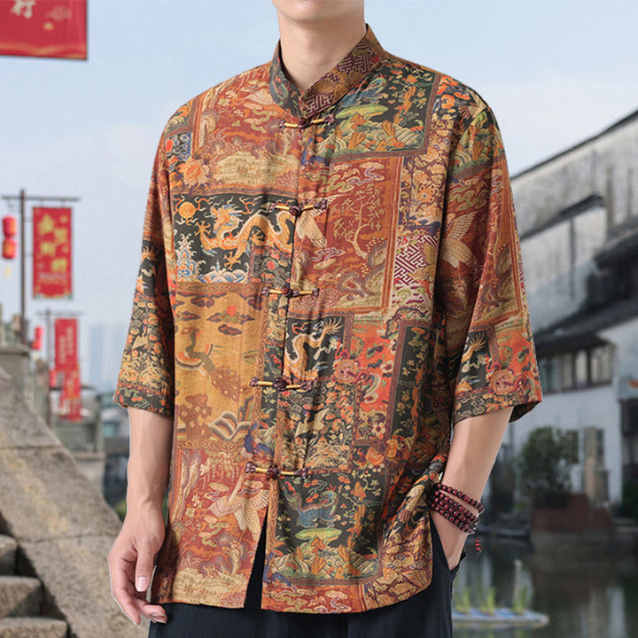 Camicia da uomo in cotone e lino con bottoni, a mezza manica, motivo : Buddha Stones, drago, nuvole di buon auspicio, montagne verdi, rana cinese
