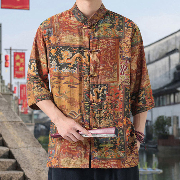 Camicia da uomo in cotone e lino con bottoni, a mezza manica, motivo : Buddha Stones, drago, nuvole di buon auspicio, montagne verdi, rana cinese - image 1