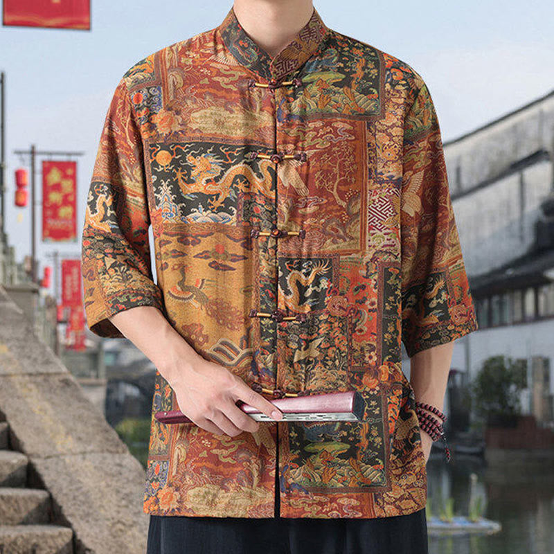 Camicia da uomo in cotone e lino con bottoni, a mezza manica, motivo : Buddha Stones, drago, nuvole di buon auspicio, montagne verdi, rana cinese