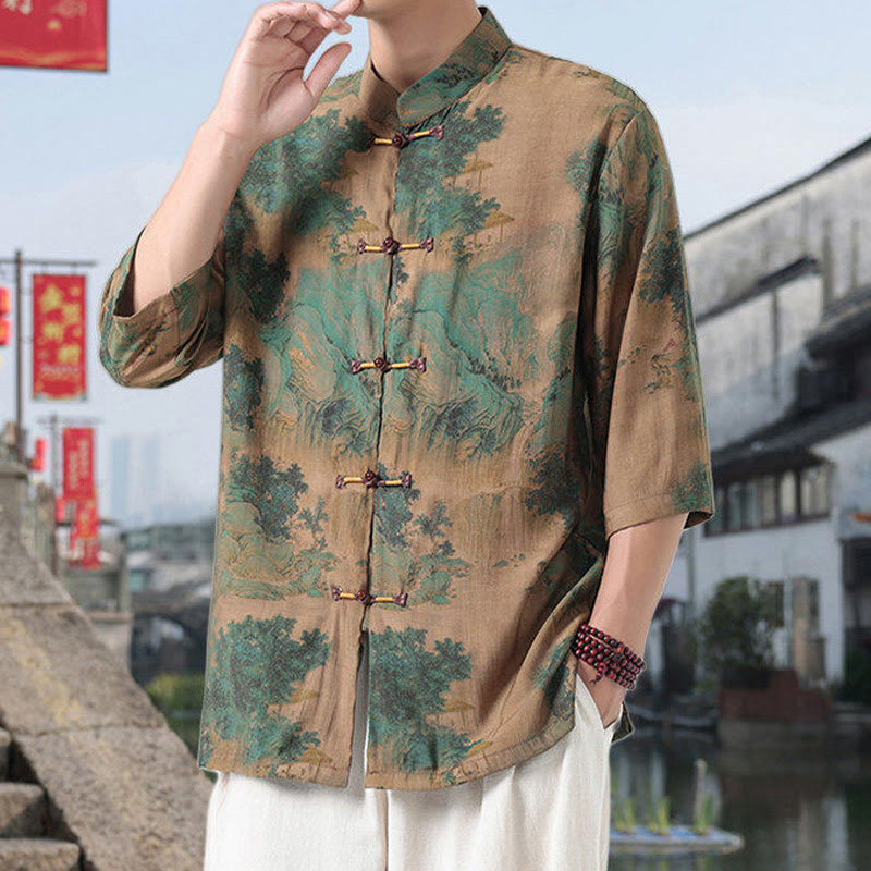 Camicia da uomo in cotone e lino con bottoni, a mezza manica, motivo : Buddha Stones, drago, nuvole di buon auspicio, montagne verdi, rana cinese