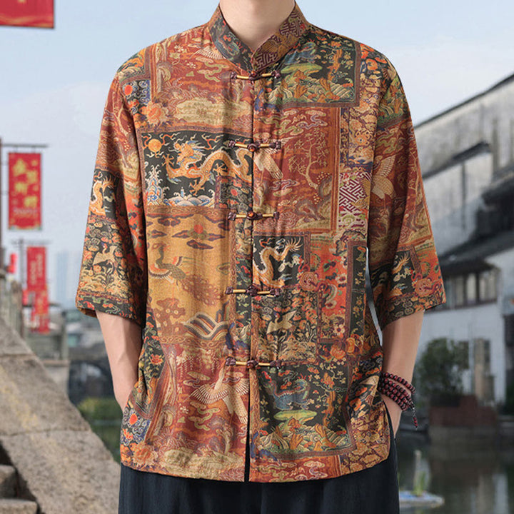 Camicia da uomo in cotone e lino con bottoni, a mezza manica, motivo : Buddha Stones, drago, nuvole di buon auspicio, montagne verdi, rana cinese - Verga d'oro - US/UK/AU46, EU56 (5XL) - image 0
