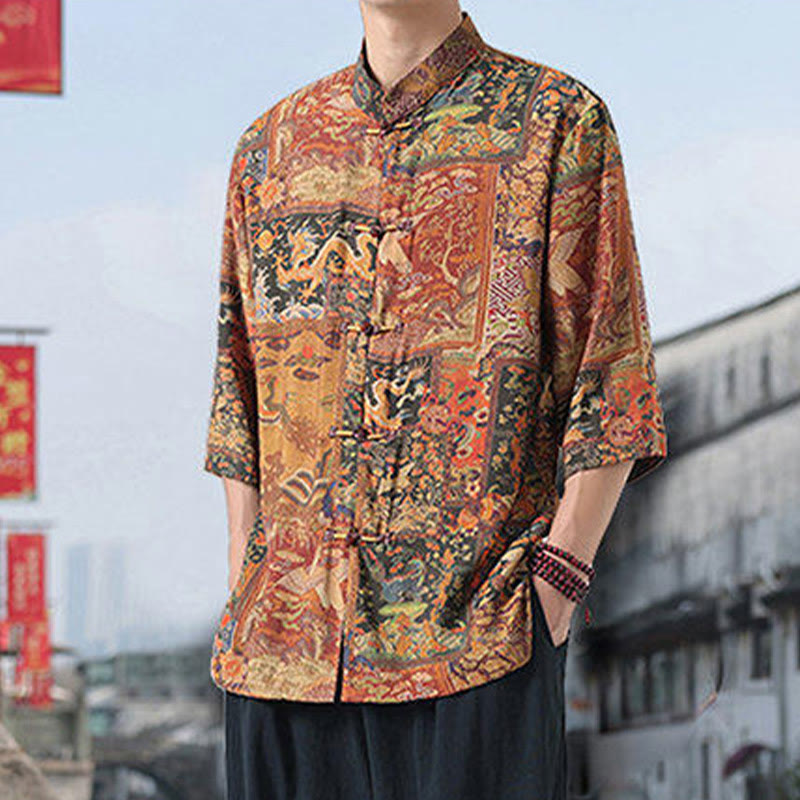 Camicia da uomo in cotone e lino con bottoni, a mezza manica, motivo : Buddha Stones, drago, nuvole di buon auspicio, montagne verdi, rana cinese