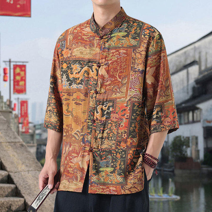 Camicia da uomo in cotone e lino con bottoni, a mezza manica, motivo : Buddha Stones, drago, nuvole di buon auspicio, montagne verdi, rana cinese - image 2