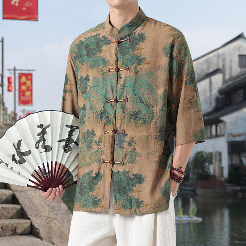 Camicia da uomo in cotone e lino con bottoni, a mezza manica, motivo : Buddha Stones, drago, nuvole di buon auspicio, montagne verdi, rana cinese