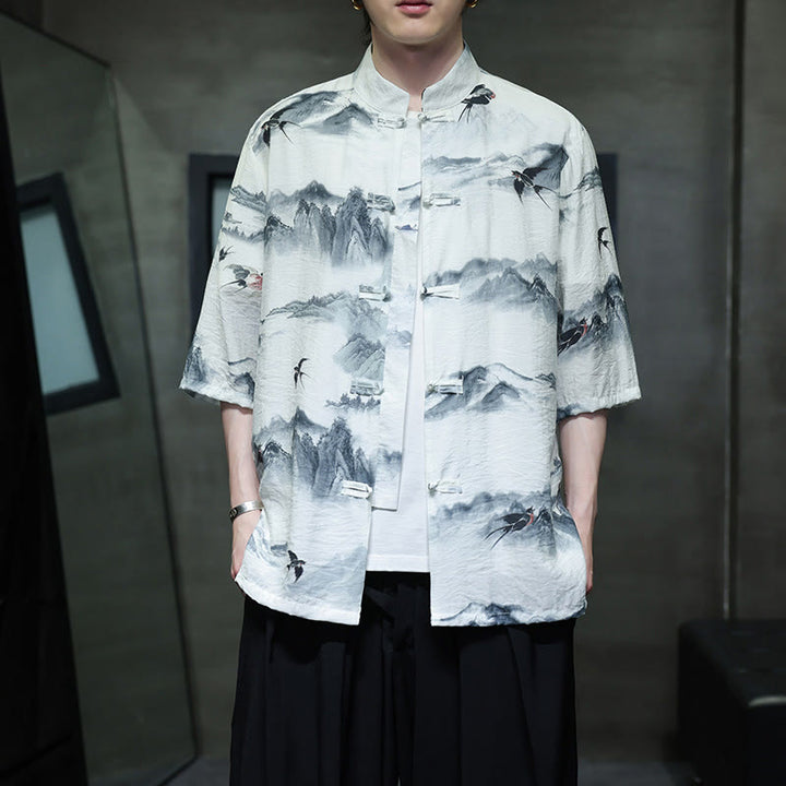 Camicia da uomo in cotone e lino a mezza manica, con bottoni a rana cinesi, raffigurante Buddha Stones e montagne