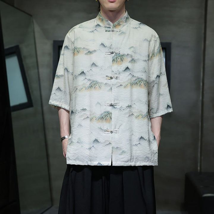 Camicia da uomo in cotone e lino a mezza manica, con bottoni a rana cinesi, raffigurante Buddha Stones e montagne - Biancheria - US/UK/AU46, EU56 (5XL) - image 13