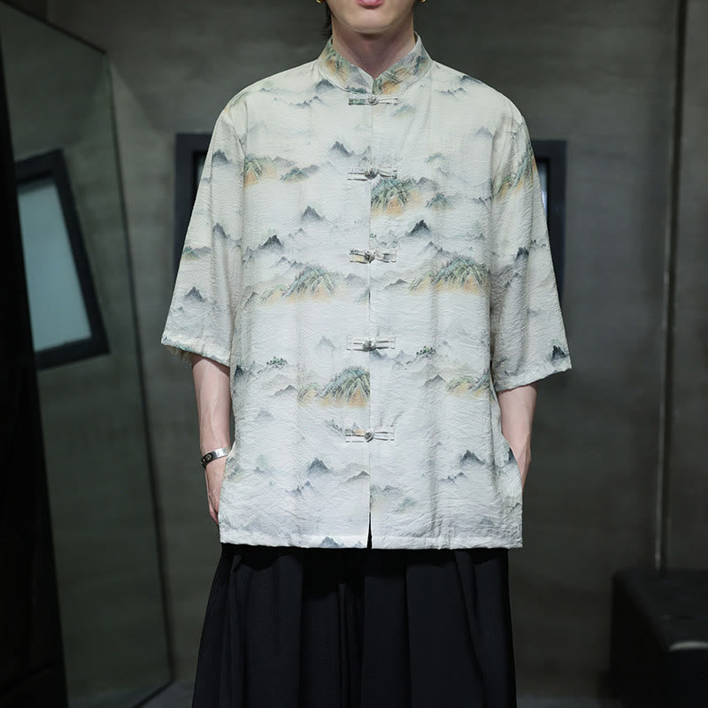 Camicia da uomo in cotone e lino a mezza manica, con bottoni a rana cinesi, raffigurante Buddha Stones e montagne