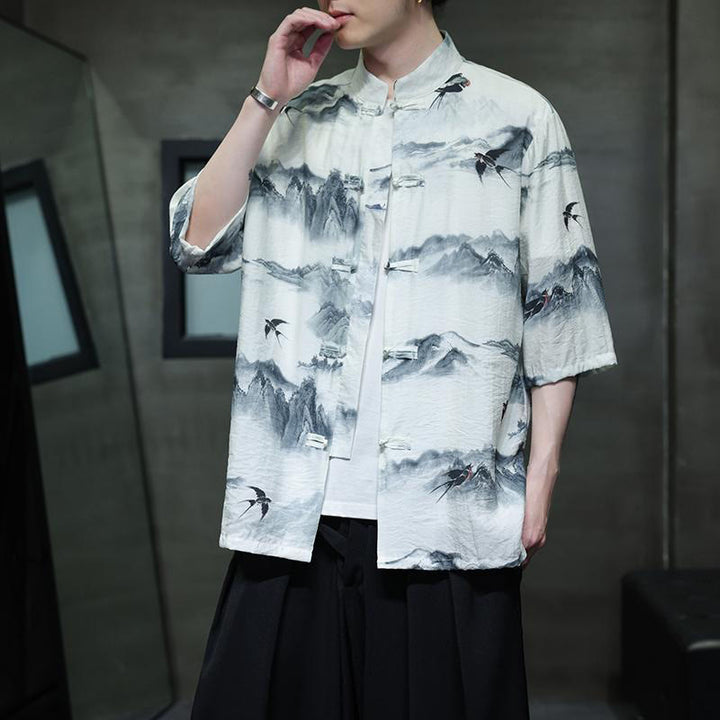 Camicia da uomo in cotone e lino a mezza manica, con bottoni a rana cinesi, raffigurante Buddha Stones e montagne