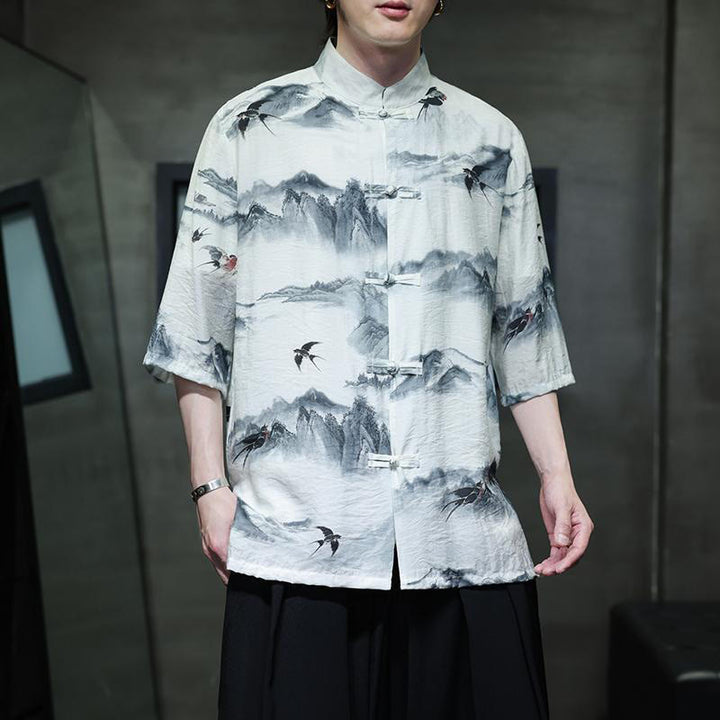 Camicia da uomo in cotone e lino a mezza manica, con bottoni a rana cinesi, raffigurante Buddha Stones e montagne