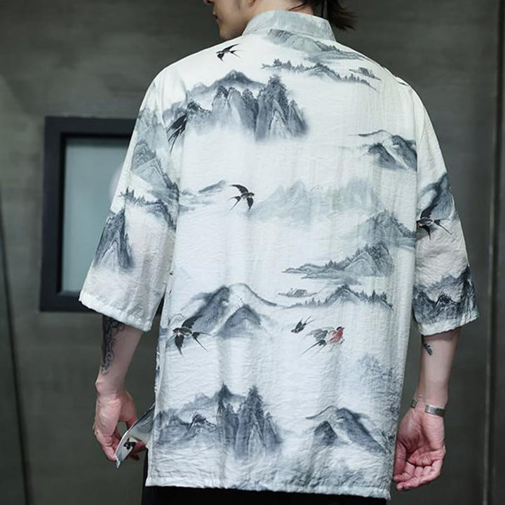 Camicia da uomo in cotone e lino a mezza manica, con bottoni a rana cinesi, raffigurante Buddha Stones e montagne