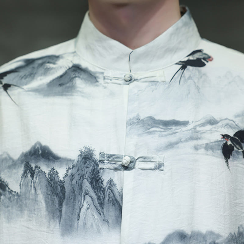 Camicia da uomo in cotone e lino a mezza manica, con bottoni a rana cinesi, raffigurante Buddha Stones e montagne