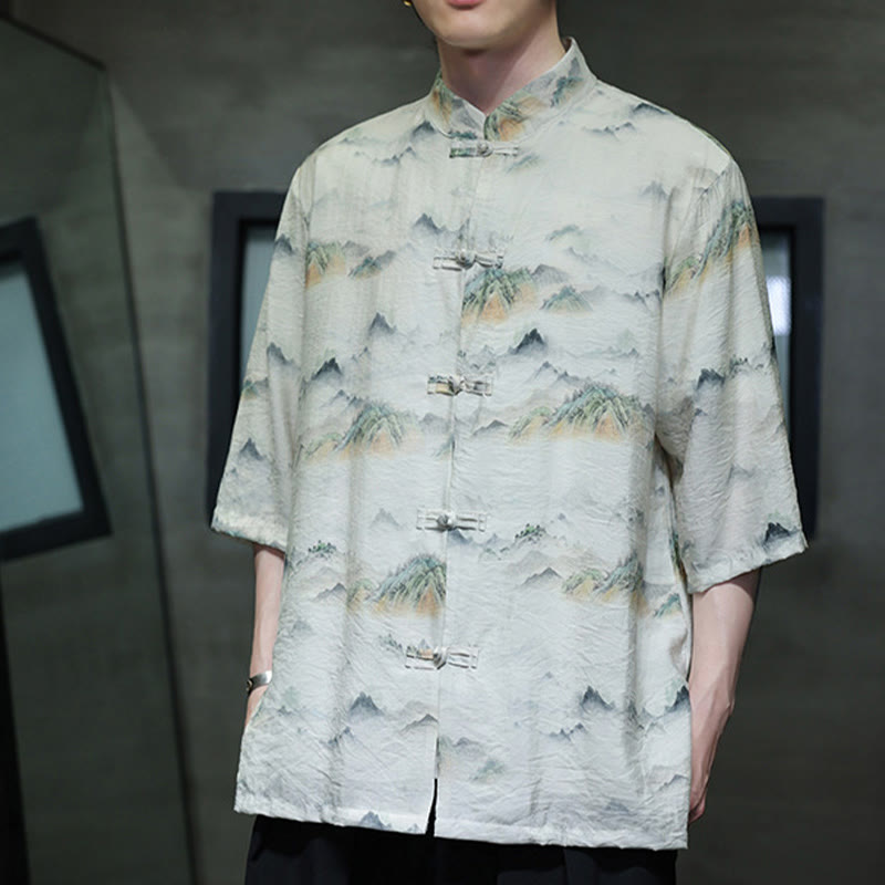 Camicia da uomo in cotone e lino a mezza manica, con bottoni a rana cinesi, raffigurante Buddha Stones e montagne