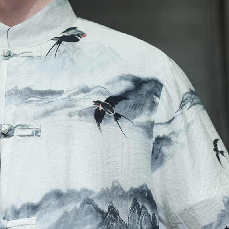 Camicia da uomo in cotone e lino a mezza manica, con bottoni a rana cinesi, raffigurante Buddha Stones e montagne