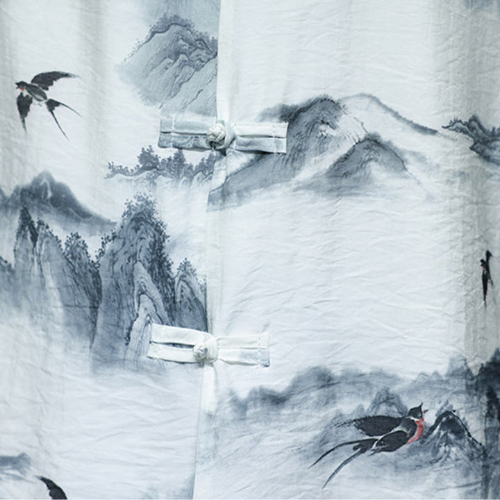 Camicia da uomo in cotone e lino a mezza manica, con bottoni a rana cinesi, raffigurante Buddha Stones e montagne