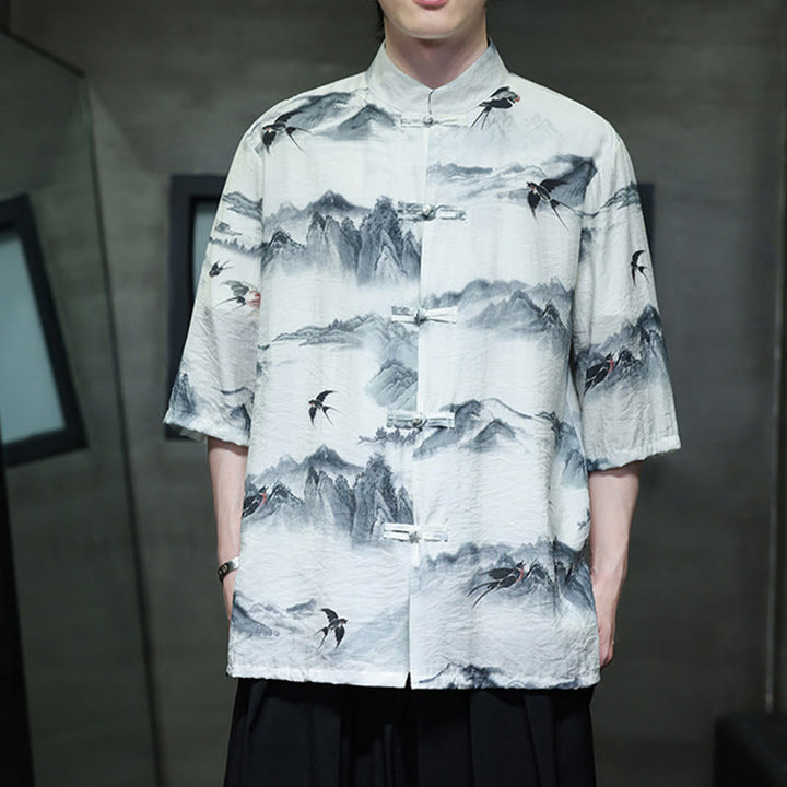 Camicia da uomo in cotone e lino a mezza manica, con bottoni a rana cinesi, raffigurante Buddha Stones e montagne