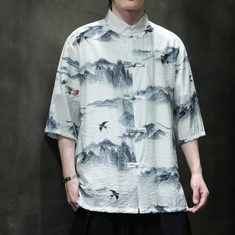 Camicia da uomo in cotone e lino a mezza manica, con bottoni a rana cinesi, raffigurante Buddha Stones e montagne