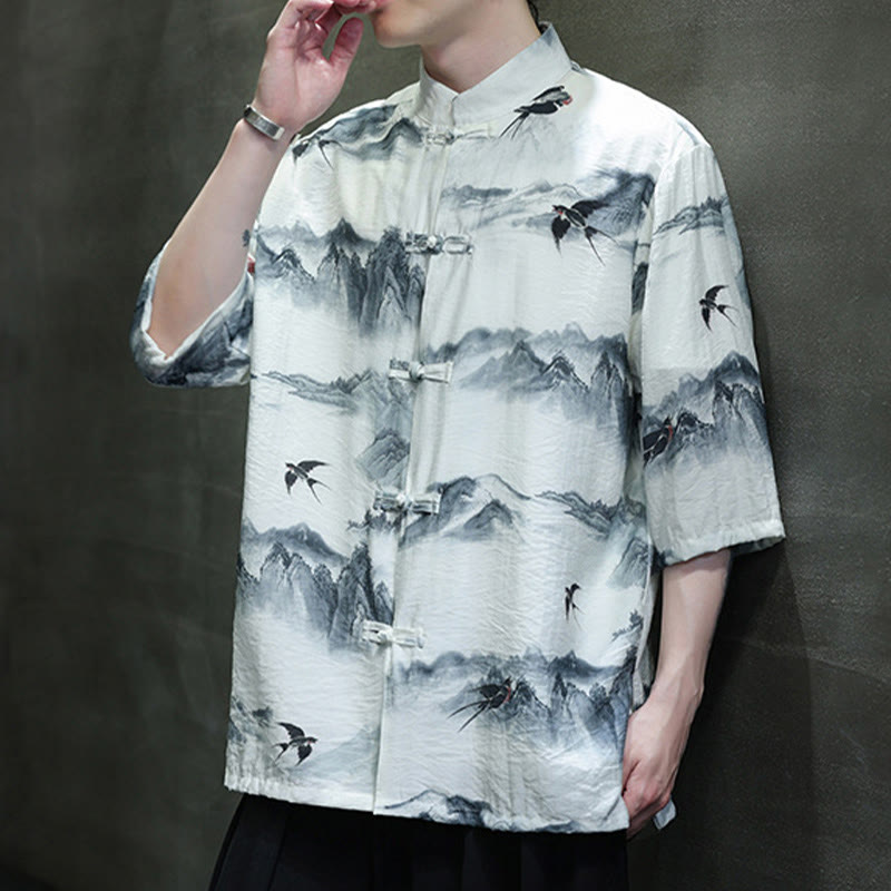Camicia da uomo in cotone e lino a mezza manica, con bottoni a rana cinesi, raffigurante Buddha Stones e montagne
