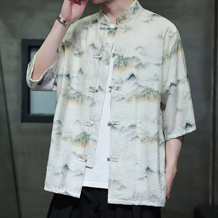 Camicia da uomo in cotone e lino a mezza manica, con bottoni a rana cinesi, raffigurante Buddha Stones e montagne