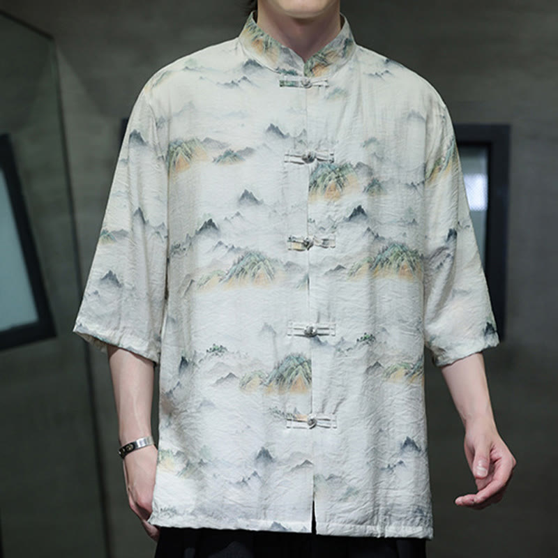 Camicia da uomo in cotone e lino a mezza manica, con bottoni a rana cinesi, raffigurante Buddha Stones e montagne
