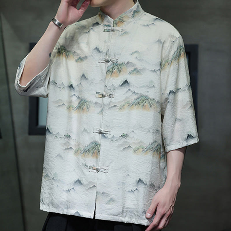 Camicia da uomo in cotone e lino a mezza manica, con bottoni a rana cinesi, raffigurante Buddha Stones e montagne