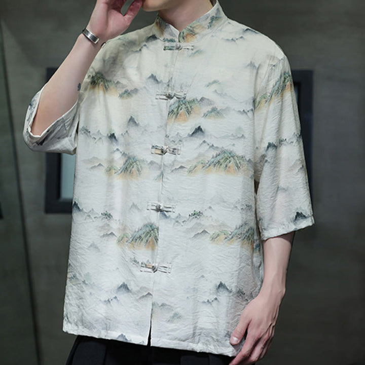Camicia da uomo in cotone e lino a mezza manica, con bottoni a rana cinesi, raffigurante Buddha Stones e montagne