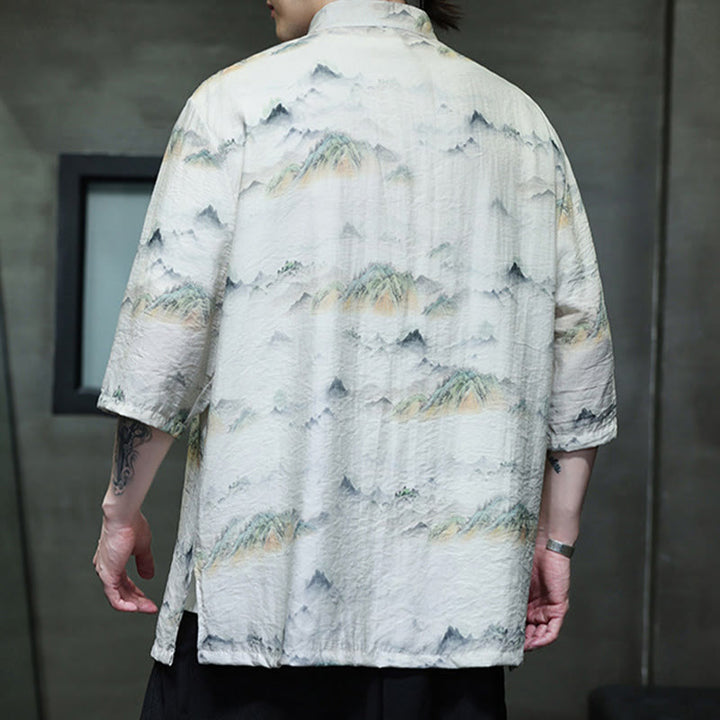 Camicia da uomo in cotone e lino a mezza manica, con bottoni a rana cinesi, raffigurante Buddha Stones e montagne