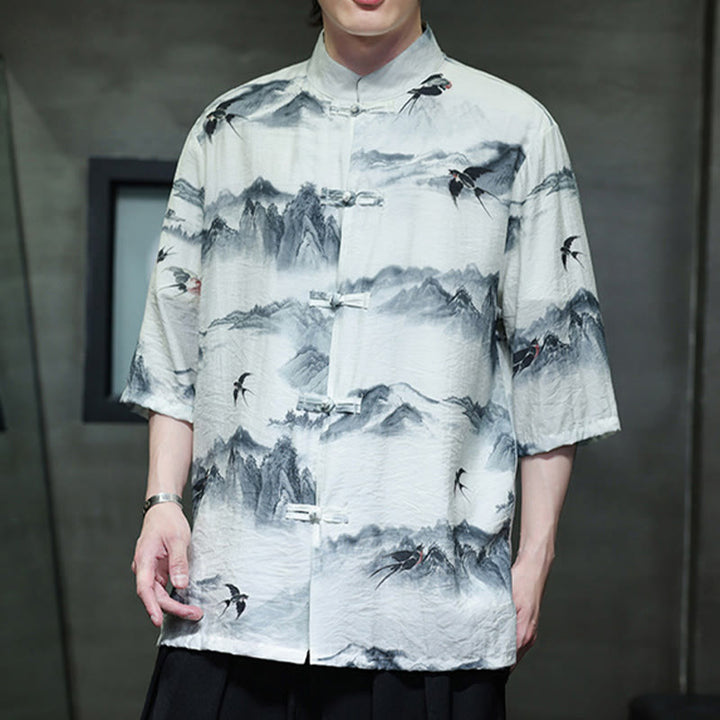 Camicia da uomo in cotone e lino a mezza manica, con bottoni a rana cinesi, raffigurante Buddha Stones e montagne
