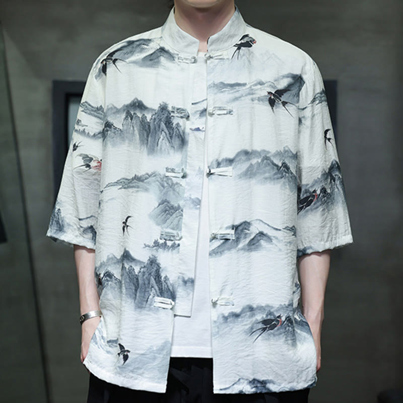 Camicia da uomo in cotone e lino a mezza manica, con bottoni a rana cinesi, raffigurante Buddha Stones e montagne