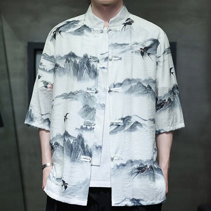 Camicia da uomo in cotone e lino a mezza manica, con bottoni a rana cinesi, raffigurante Buddha Stones e montagne