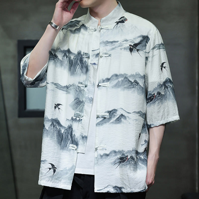 Camicia da uomo in cotone e lino a mezza manica, con bottoni a rana cinesi, raffigurante Buddha Stones e montagne