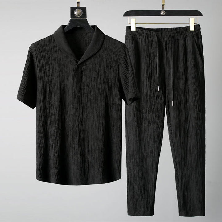 Set da uomo Buddha Stones, 2 pezzi, tinta unita, con scollo a V, maniche corte, pantaloni e maglietta antirughe