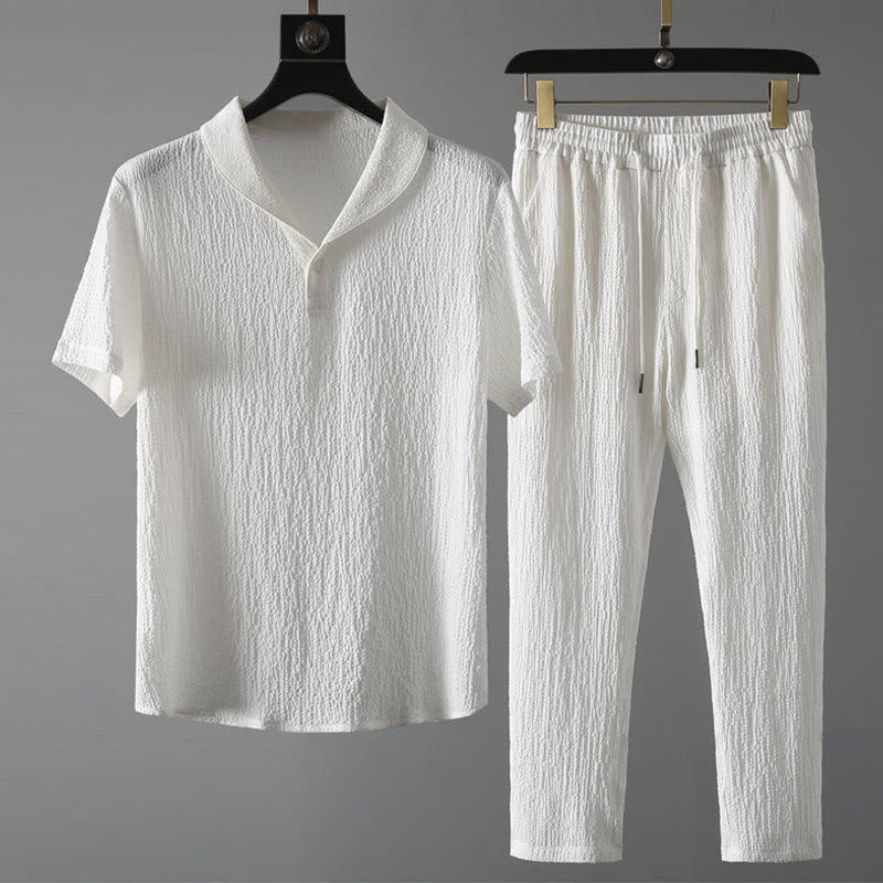 Set da uomo Buddha Stones, 2 pezzi, tinta unita, con scollo a V, maniche corte, pantaloni e maglietta antirughe