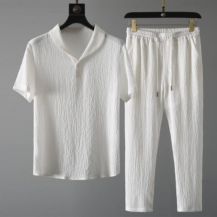 Set da uomo Buddha Stones, 2 pezzi, tinta unita, con scollo a V, maniche corte, pantaloni e maglietta antirughe