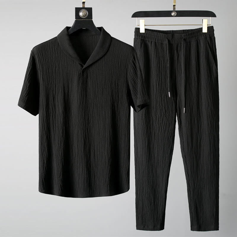 Set da uomo Buddha Stones, 2 pezzi, tinta unita, con scollo a V, maniche corte, pantaloni e maglietta antirughe - Nero - US/UK/AU46, EU56 (5XL) - image 0