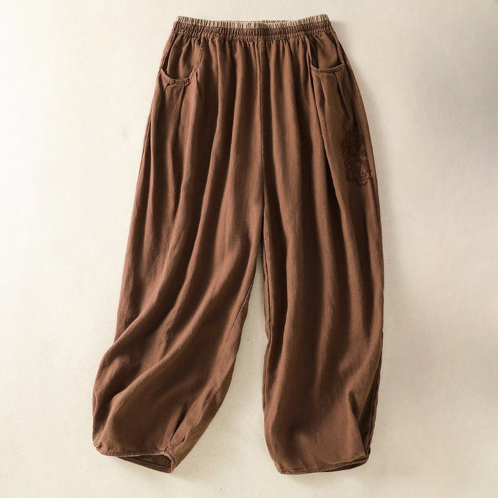 Pantaloni harem da donna in cotone e lino con tasche, modello vintage "Buddha Stones", tinta unita, design semplice, lunghezza 7-8, vita alta