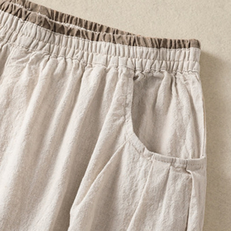 Pantaloni harem da donna in cotone e lino con tasche, modello vintage "Buddha Stones", tinta unita, design semplice, lunghezza 7-8, vita alta