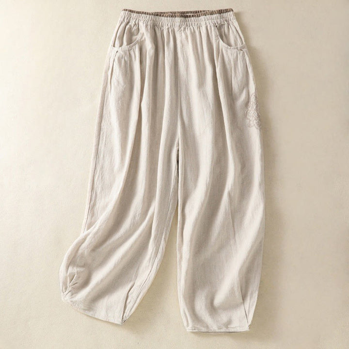 Pantaloni harem da donna in cotone e lino con tasche, modello vintage "Buddha Stones", tinta unita, design semplice, lunghezza 7-8, vita alta