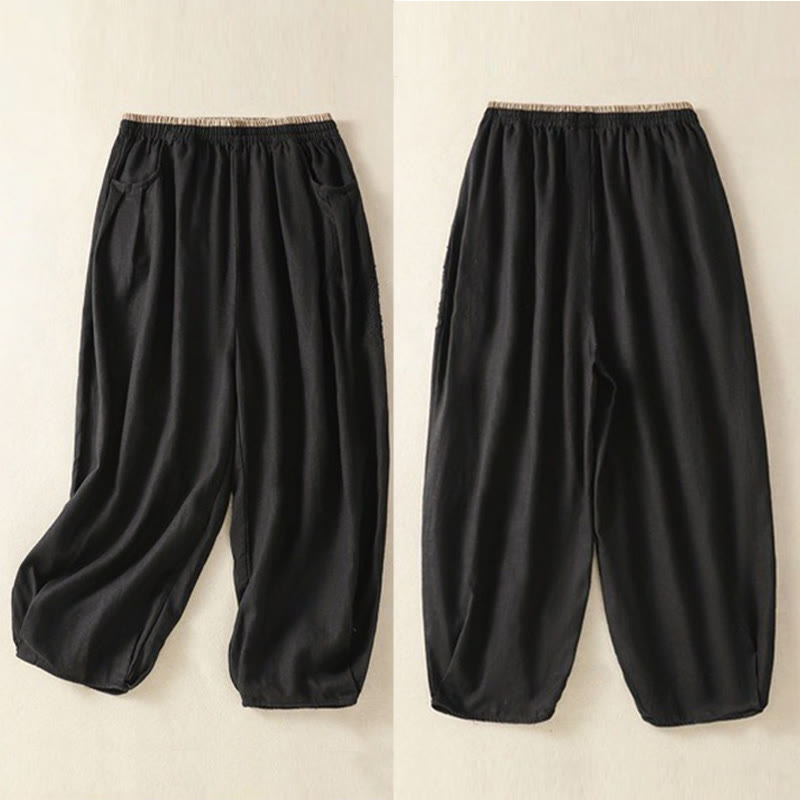 Pantaloni harem da donna in cotone e lino con tasche, modello vintage "Buddha Stones", tinta unita, design semplice, lunghezza 7-8, vita alta