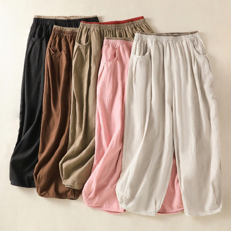 Pantaloni harem da donna in cotone e lino con tasche, modello vintage "Buddha Stones", tinta unita, design semplice, lunghezza 7-8, vita alta