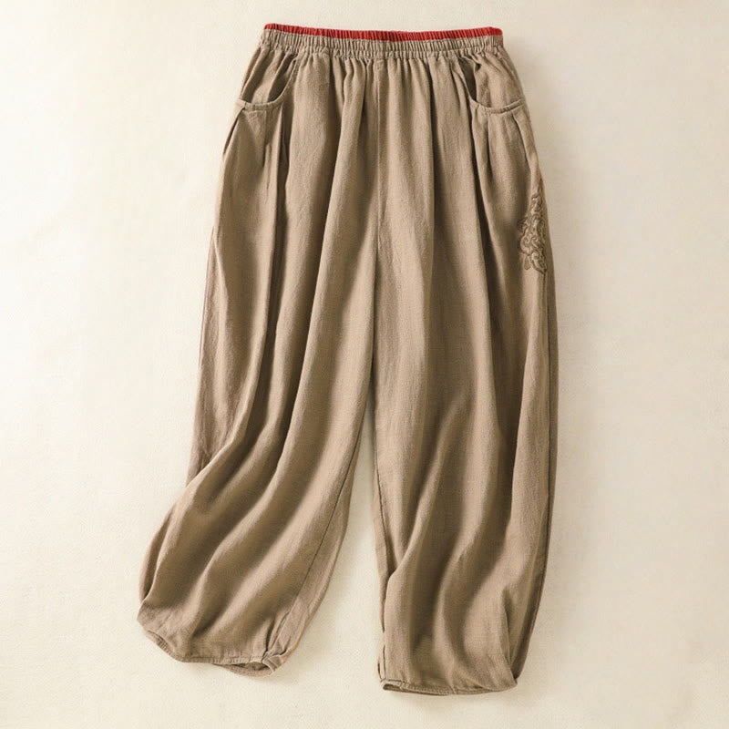 Pantaloni harem da donna in cotone e lino con tasche, modello vintage "Buddha Stones", tinta unita, design semplice, lunghezza 7-8, vita alta