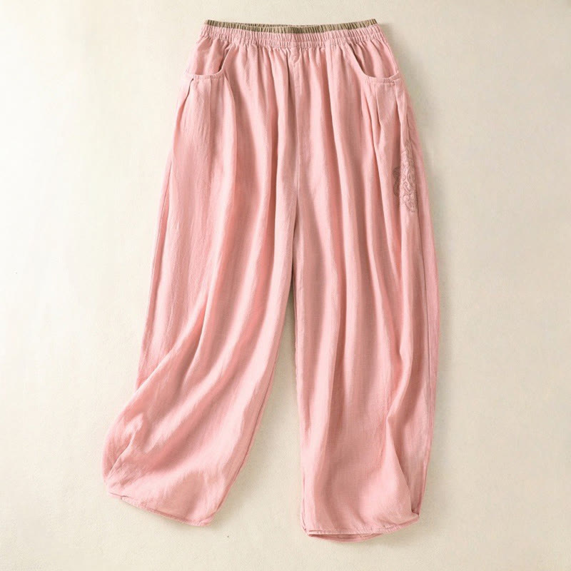 Pantaloni harem da donna in cotone e lino con tasche, modello vintage "Buddha Stones", tinta unita, design semplice, lunghezza 7-8, vita alta