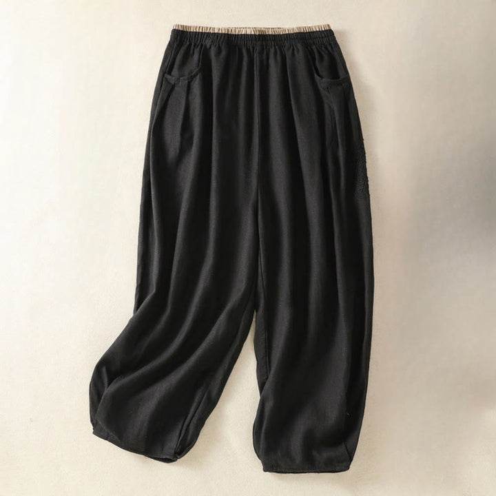 Pantaloni harem da donna in cotone e lino con tasche, modello vintage "Buddha Stones", tinta unita, design semplice, lunghezza 7-8, vita alta
