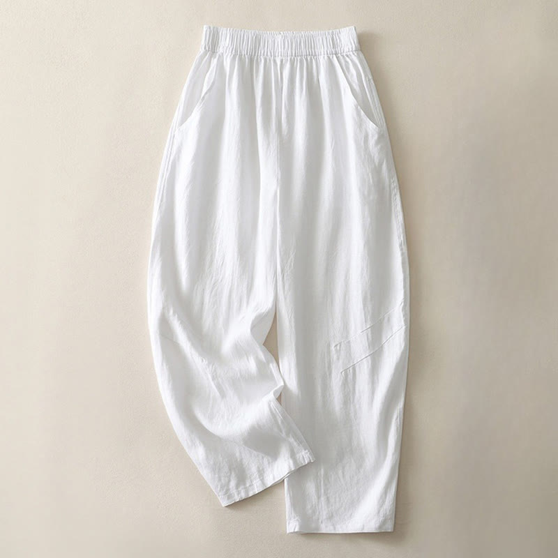 Pantaloni da donna in cotone e lino a gamba larga con tasche, modello Buddha Stones, estivi, da tutti i giorni, in tinta unita, con elastico in vita