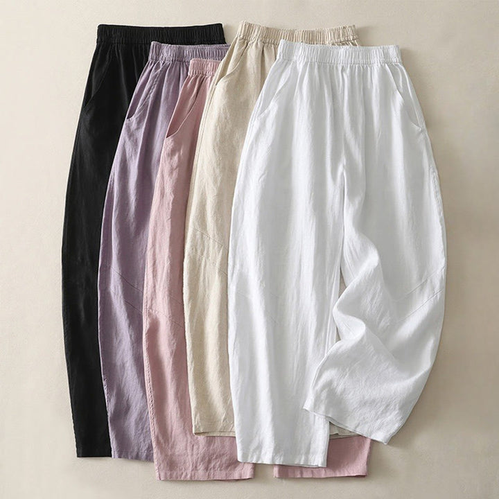 Pantaloni da donna in cotone e lino a gamba larga con tasche, modello Buddha Stones, estivi, da tutti i giorni, in tinta unita, con elastico in vita