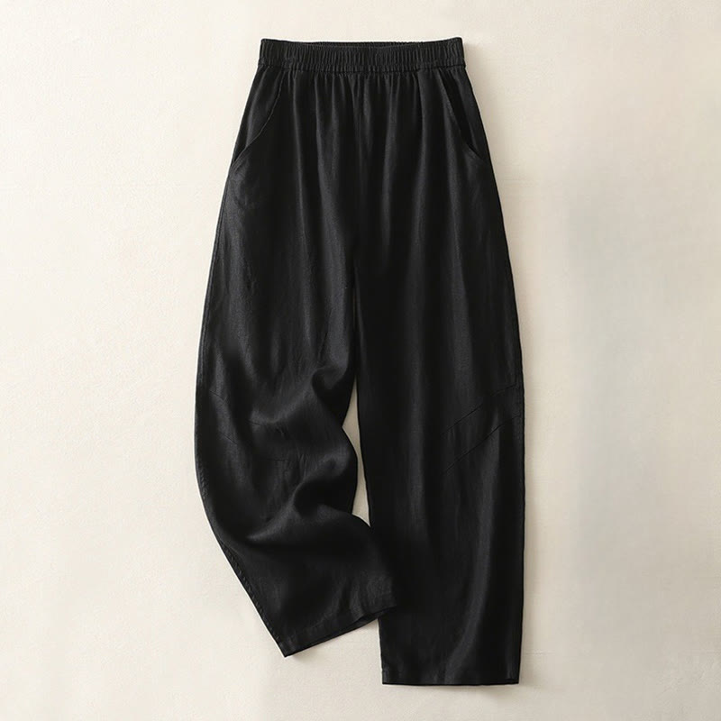 Pantaloni da donna in cotone e lino a gamba larga con tasche, modello Buddha Stones, estivi, da tutti i giorni, in tinta unita, con elastico in vita