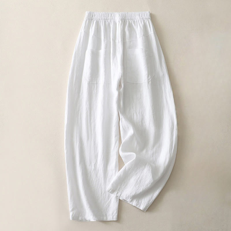 Pantaloni da donna in cotone e lino a gamba larga con tasche, modello Buddha Stones, estivi, da tutti i giorni, in tinta unita, con elastico in vita
