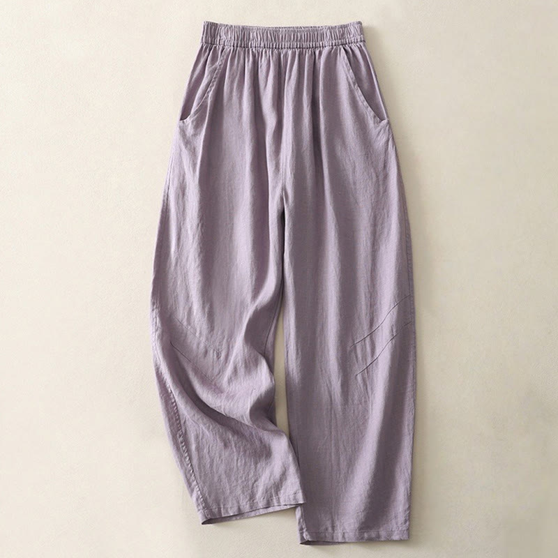 Pantaloni da donna in cotone e lino a gamba larga con tasche, modello Buddha Stones, estivi, da tutti i giorni, in tinta unita, con elastico in vita