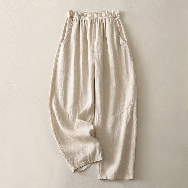 Pantaloni da donna in cotone e lino a gamba larga con tasche, modello Buddha Stones, estivi, da tutti i giorni, in tinta unita, con elastico in vita - Beige - US8-10, UK/AU12-14, EU40-42 (2XL) - image 0