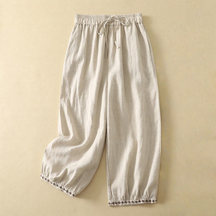 Pantaloni da donna in cotone e lino, con tasche, lunghezza 7-8, modello Buddha Stones, casual, retrò, con coulisse e ricamo